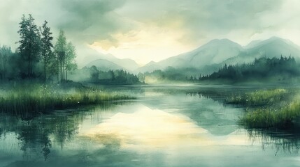 Fototapeta premium Green Watercolor Landscape Impressionism Dreamy Effect Serene Background