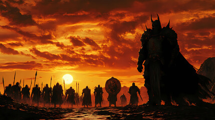 As dawn breaks on the battlefield, the advancing dark knights confront a legendary guardian, testing their mettle and determination in a final showdown. Dawn. Illustration