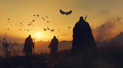 As dawn breaks on the battlefield, the advancing dark knights confront a legendary guardian, testing their mettle and determination in a final showdown. Dawn. Illustration