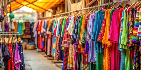 Colorful garments hanging at a bustling outdoor market , vibrant, clothing, fashion, market, display, variety
