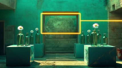 Elegant glass bottles and vases, each holding a single daisy flower, displayed on geometric podiums with a vintage retro color scheme, set against an aqua wall for branding and packaging