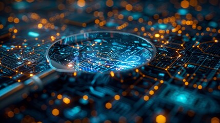 Magnifier over circuit board, glowing lines.