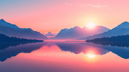 Fototapeta premium Breathtaking sunrise over tranquil lake surrounded by mountains at dawn. Dawn. Illustration