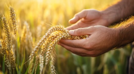 Farmers hands hold golden wheat stalks in a field