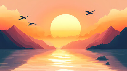 Golden hour sunset over sea background. Dawn. Illustration
