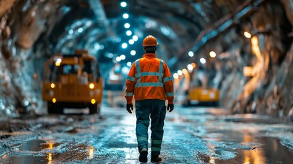 Reflective suit worker in mine: Back view of a worker in a reflective safety suit walking through an industrial underground mine tunnel, illuminated by dim industrial lights