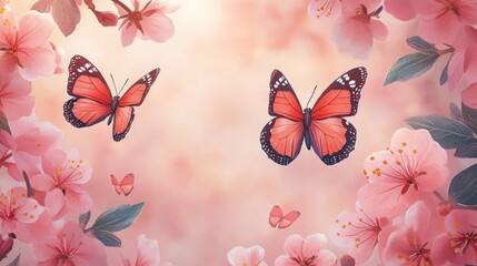 Floral Butterfly Background with Pink Blossoms and Colorful Butterflies in Watercolor Style