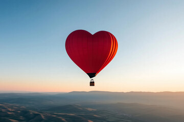 Obraz premium A bright red, heart-shaped hot air balloon floating over a green field on a clear evening day with a beautiful sunset