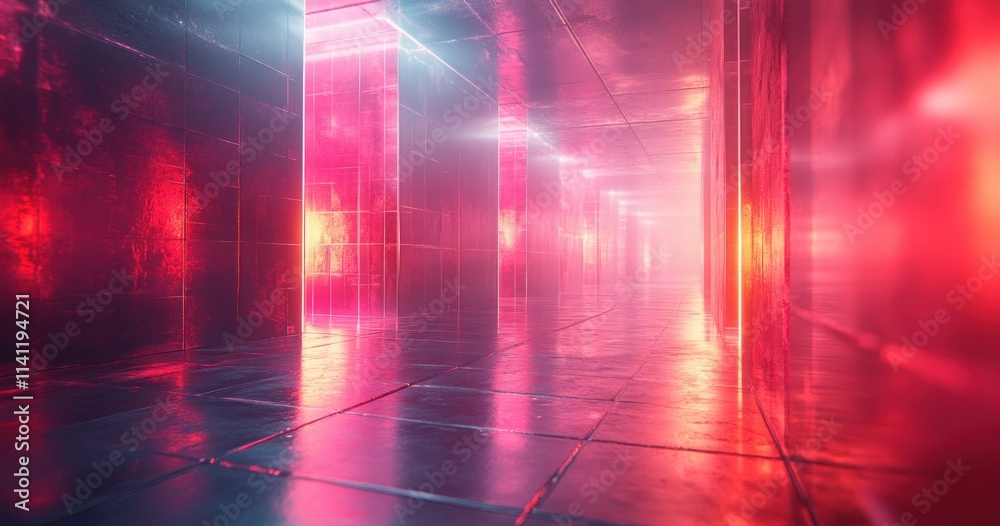 Aufkleber futuristic abstract geometric shapes with neon lights on dark background 3d render
