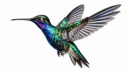 Fototapeta premium Hummingbird in Flight Graceful Wings Against White Background
