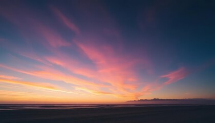 Obraz premium A serene sunset over the ocean, with vibrant pink and orange hues in the sky.