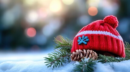 Obraz premium Cozy Red Knit Winter Hat in Snowy Scene with Pine Branches and Pinecone