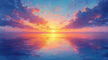 Fototapeta premium Serene Sunset Ocean Landscape with Vibrant Colors and Calm Water