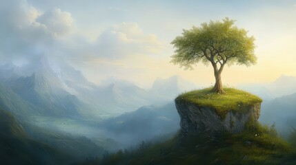 Obraz premium A serene tree atop a cliff, surrounded by misty mountains and soft sunlight.