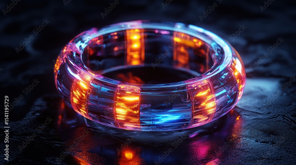 Poster futuristic metallic ring with neon lights against black background in hyper-realistic 3d render