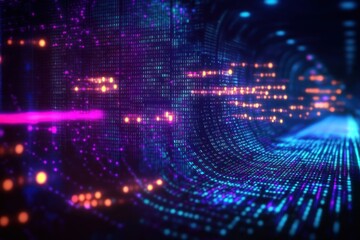 Obraz premium Futuristic Cyberpunk Digital Landscape with Neon Light and Binary Code in Dark Void
