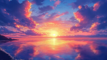 Serene Sunset Over the Ocean Vibrant Anime Style Dramatic Clouds Colorful Sky Reflections Warm Lighting