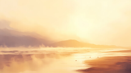 Fototapeta premium A beach at dawn with a gentle mist rising from the wet sand, beach, defocused, dawn. Dawn. Illustration