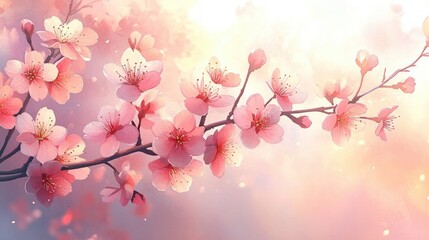 Cherry Blossom Branch in Bloom Watercolor Illustration