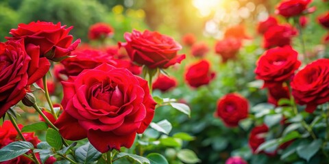 Vibrant red roses in full bloom in a lush garden, red, roses, blooming, garden, flowers, vibrant, fresh, petals, nature