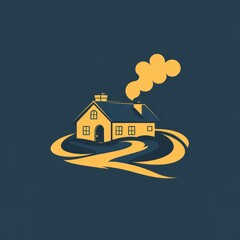 Fototapeta premium A stylized illustration of a house with smoke, surrounded by swirling lines.