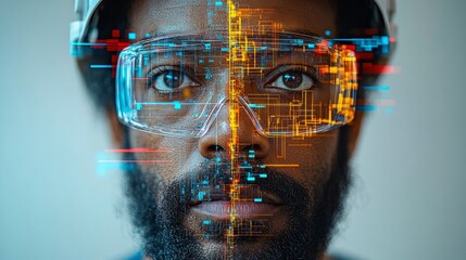 A powerful double exposure of an engineer wearing a safety helmet, set against the industrial backdrop of an oil plant, illustrating the balance of technology, safety, and environmental concerns in