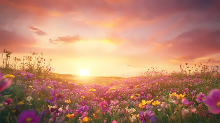 A hazy sunrise paints the sky in vibrant pink and orange hues over a field of wildflowers. Dawn. Illustration