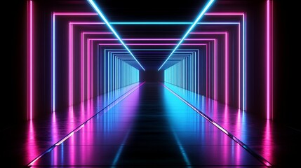 Fototapeta premium Neon lights tunnel reflecting on glossy floor.
