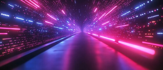 Neon lights tunnel with motion blur effect.