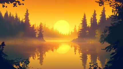 Fototapeta premium A serene landscape with a golden sunrise reflected in the still waters of a lake, surrounded by a misty forest. Dawn. Illustration