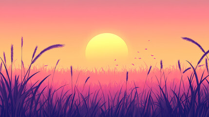 A serene sunrise over a wheat field, highlighting nature's beauty. Dawn. Illustration