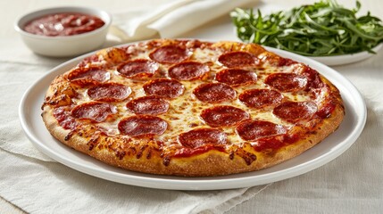 italian food Delicious Pepperoni Pizza on White Plate with Fresh Ingredients and Sauce