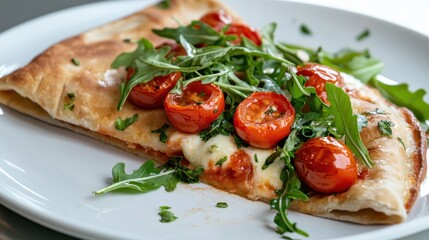 Freshly Baked Calzone with Tomatoes and Arugula on a White Plate Italian food