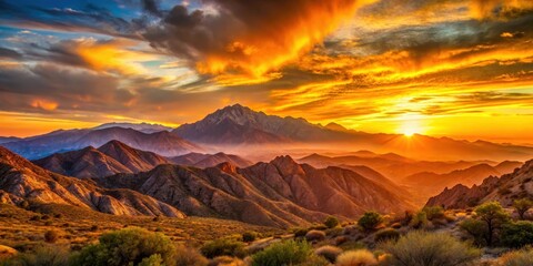 Naklejka premium Beautiful sunset casting a warm orange glow over the rugged California mountains , sunset, California, mountains, scenic