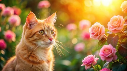 Close-up of ginger cat with pink roses in soft-lit garden during late afternoon, ginger cat, pink roses
