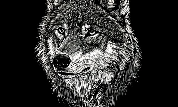 Intricate Line Art Portrait of a Wolf's Head Against a Black Background