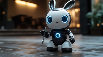 Fototapeta premium A cute robotic bunny character holding a tool, set in a modern, urban environment.