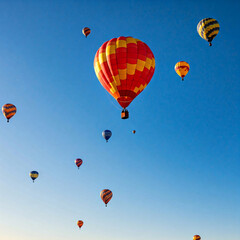 Fototapeta premium Several colorful hot air balloons drift against a clear blue sky, creating a vibrant and whimsical scene