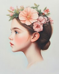 Naklejka premium Side profile of a girl with floral crown, showcasing beauty and nature harmony.