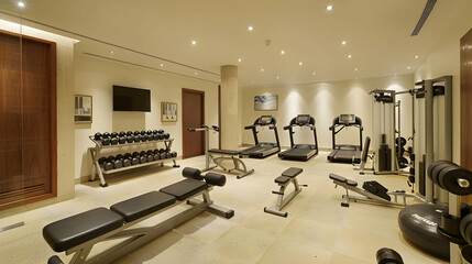 Fototapeta premium Gym with treadmills, weights, and machines.