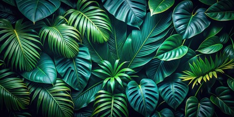Naklejka premium Tropical leaves with dark jungle background, color toned, tropical, leaves, jungle, background, dark, color toned, green, lush