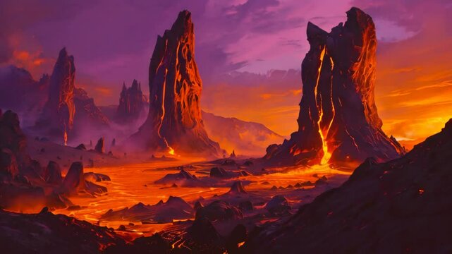 Volcanic Twilight Wasteland: A fiery wasteland with molten rivers glowing orange against a purple twilight sky