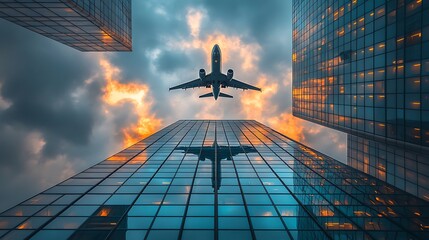 A dramatic low-angle shot captures an airplane flying over a dense urban landscape at dusk