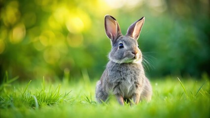 Fototapeta premium Adorable gray rabbit sitting on lush green grass, cute, rabbit, gray, green, grass, outdoor, wildlife, fluffy, adorable, pet