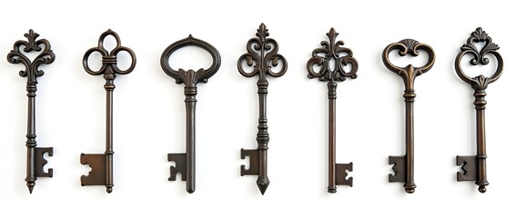 Set of old iron keys with decorative designs. white background.