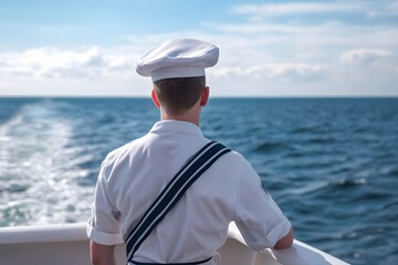 A sailor in uniform stands on a boat, looking thoughtfully at the ocean waves under a blue sky. Generative AI