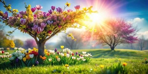 Fototapeta premium Colorful spring flowers bloom under sunny sky on lush green grass near a blooming tree in heart shape, nature scene, spring flowers