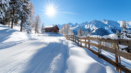 Fototapeta premium Scenic Winter Landscape with Snow-Covered Road and Majestic Mountain Peaks Italian food