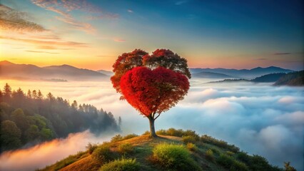 A majestic red heart-shaped tree stands alone on a misty mountain peak at dawn , red tree, forest