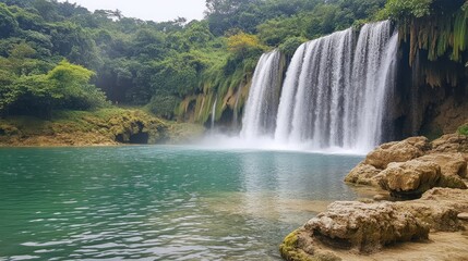 Fototapeta premium Lush green forest waterfall cascading into teal pool